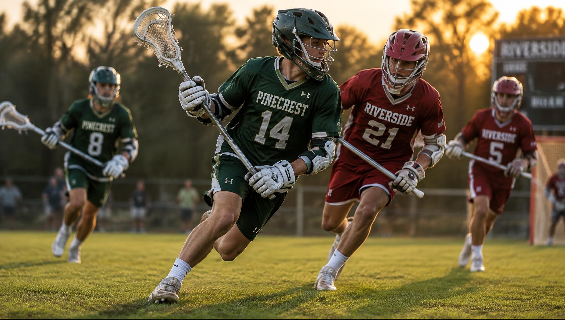 Woodlands Lacrosse players competing on the field at sunset