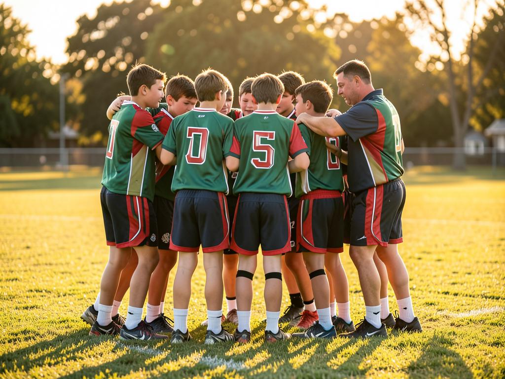 Boys lacrosse team huddling with their coach