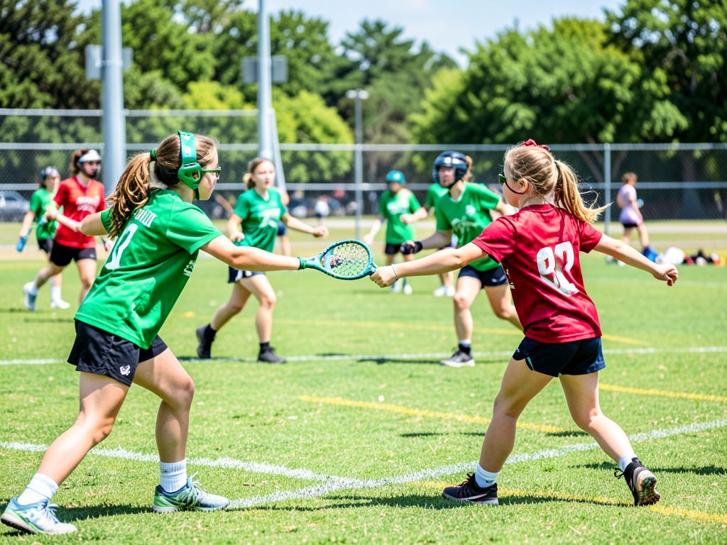 Girls lacrosse players running a passing drill